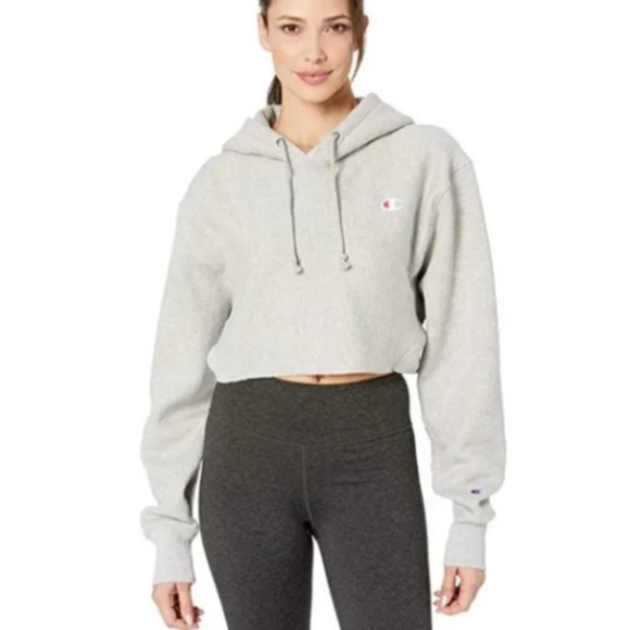 Champion Cropped Gray Hoodie Sweatshirt, M - Picture 1 of 4